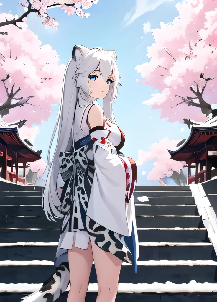 masterpiece, best quality, 1girl, blue eyes, long hair, white hair, tree, stairs, standing, sky, cherry blossoms, temple, looking at viewer, upper body, from below, looking back, ears and tail from snow leopard. 