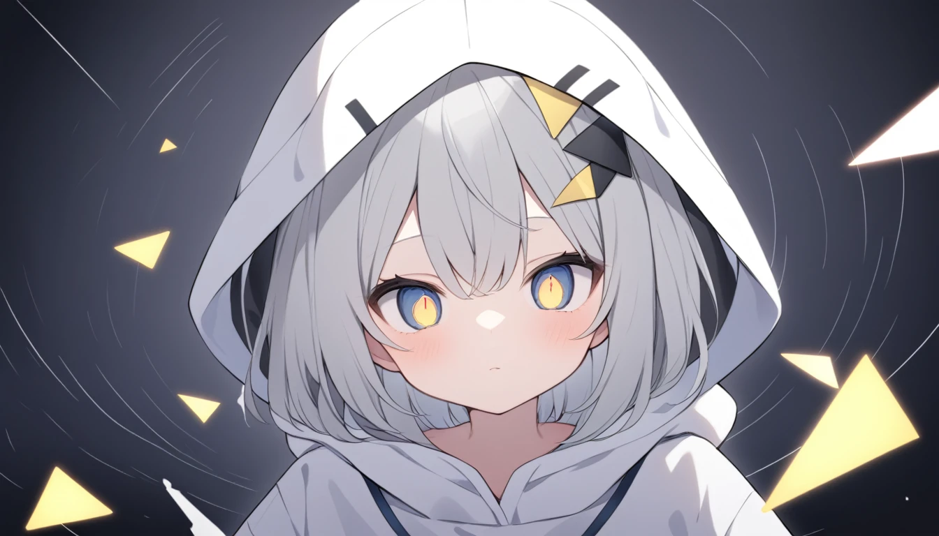 Thin gray hair A red light in one blue eye Widely opened eyes looking at the camera White hoodie Blue and black line pattern White hoodie with black and blue lines Diamond-shaped hair ornament Black hairpin A yellow triangle on the bottom of the hair accessory Jagged black hole on the outside of the hood Black triangle on the hood2t 20age