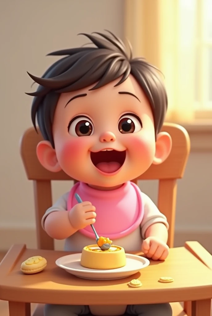 animated baby with a dark brown hair and wearing a white shirt and a pink drool bib that is sitting in a brown high chair is enjoying the food while playing and the bib gets a little bit messy because of the food and the drools