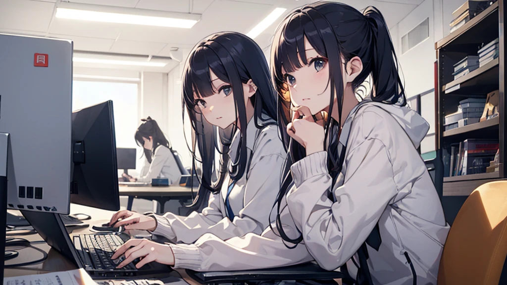 (Pretty sister:1.3)、spring atmosphere、evening、aggressive、office、((impatient face))、type into computer、large amount of work、overtime、pandas