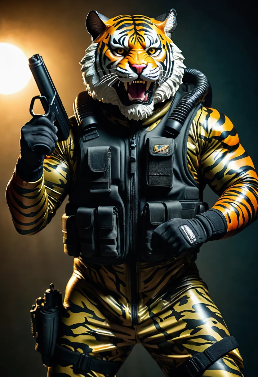(a dark-skinned bearded fat muscular old man in a skintight army camouflage zipper diver suit) holding a gun, (wearing a small-sized realistic roaring tiger mask), dynamic action pose, fierce expression, showcasing an imposing stature, surrounded by military elements, dramatic shadows and intense highlights, cinematic color tones, high detail, powerful, art influenced by Bruce Onobrakpeya and Stanley Artgerm, ultra-detailed, best quality image, action-packed atmosphere. thumbs up pose