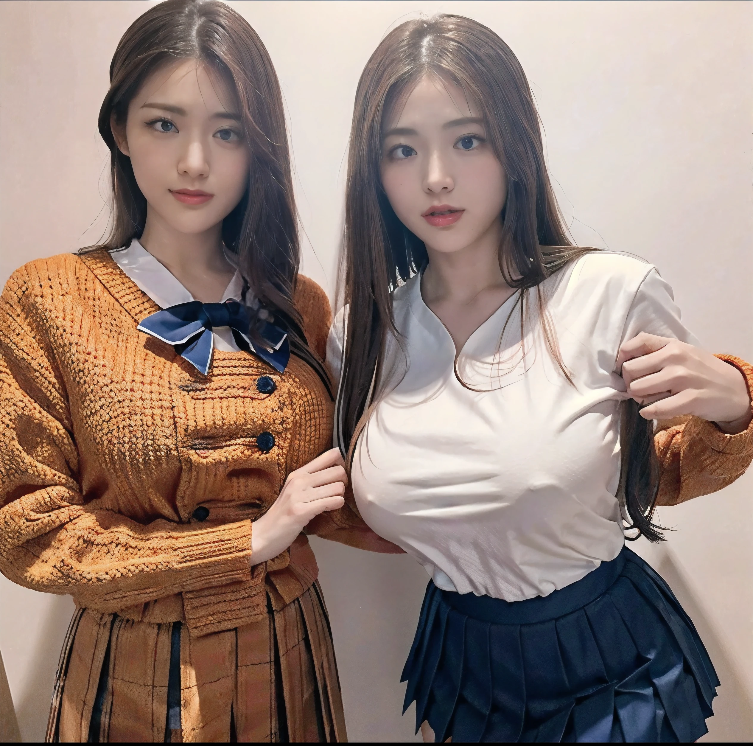 8K quality, Masterpiece, Bright lighting without shadows, Two women with Super big breasts standing side by side, (Super big breasts squeezed by clothes:1.2), Whitening skin, Sparkling Blue Eyes, (Deep crimson sailor collar uniform), Pleated skirt, Above the knee, Super big breastsを手で服の上から握り潰している, A posture where the waist is bent forward to emphasize super big breasts, White panties, Breast Grab, Eyes closed and mouth open, (Super big breasts)