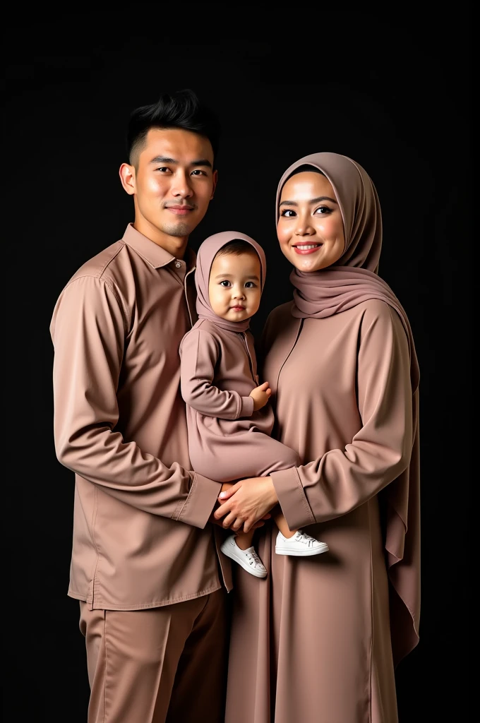 Studio photo of a young family of 3, father, mother and daughter wearing Muslim clothes with the same motif. 28 year old father with neat thin hairdo, 25 year old mother wearing a hijab that matches her clothes. 2  old girl wearing a hijab that matches her clothes. Black background