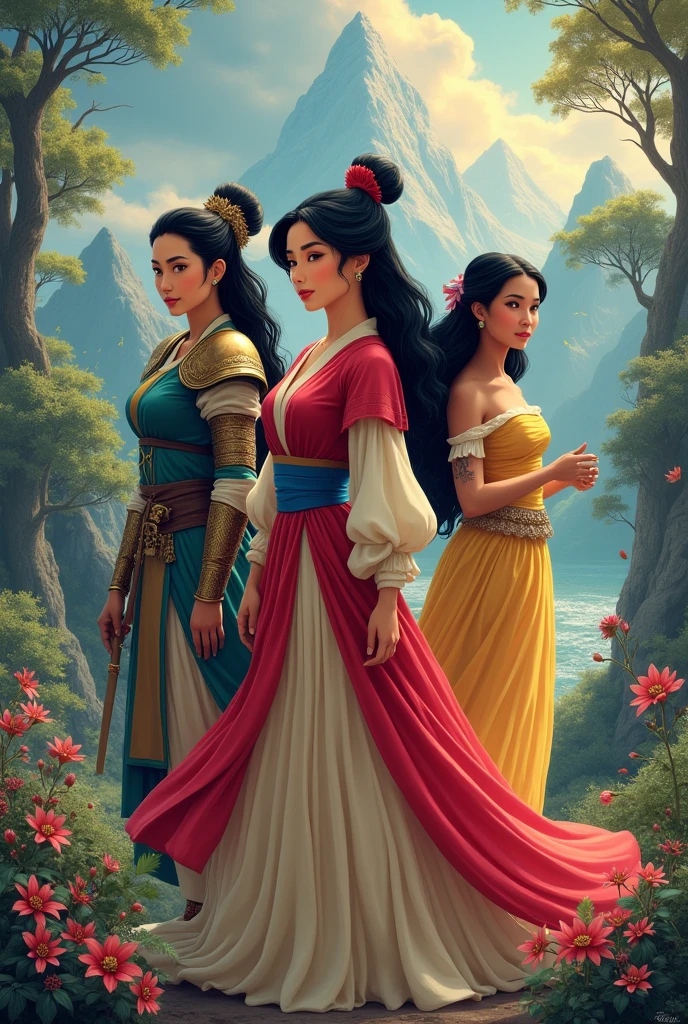 Make a character front together with princess mulan, princess belle and princess pocahontas 