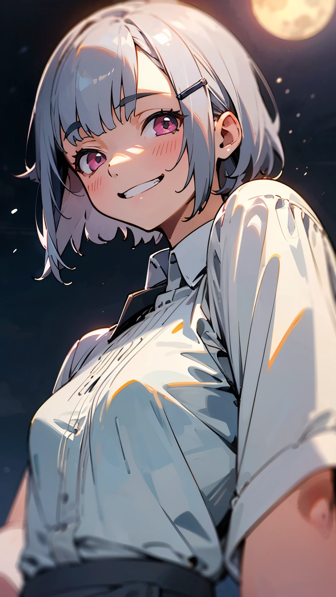 Highest quality、age Girl、High resolution、Beautiful details、Quiet atmosphere、Small breasts、Short silver bob hair held together with a hair clip, Pink Eyes、Grin、Upper body close-up、White blouse shirt with ethnic patterns、Thick outline、Park under the moonlight、Background Blur