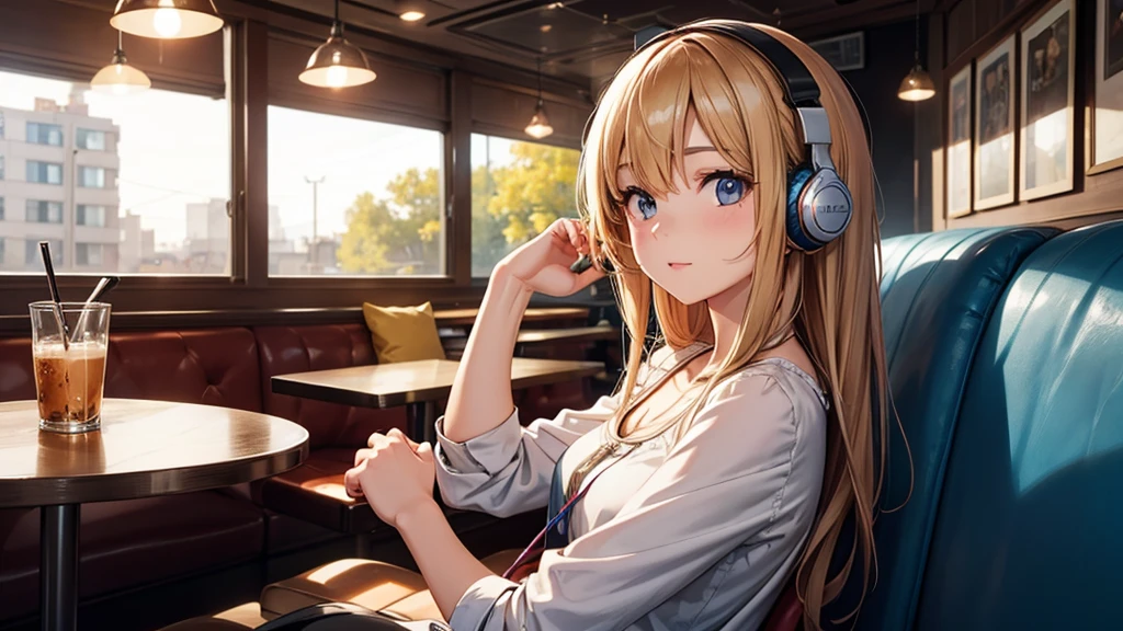 Girl with headphones enjoying music in a cafe　I am studying　Emphasize a little bit of the chest