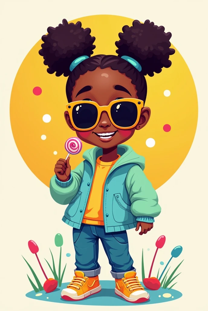 Short cartoon semi african girl with a candy in hand and shades on eyes with a loose light blue and light green jacket, with a colorful background in a complete circle frame