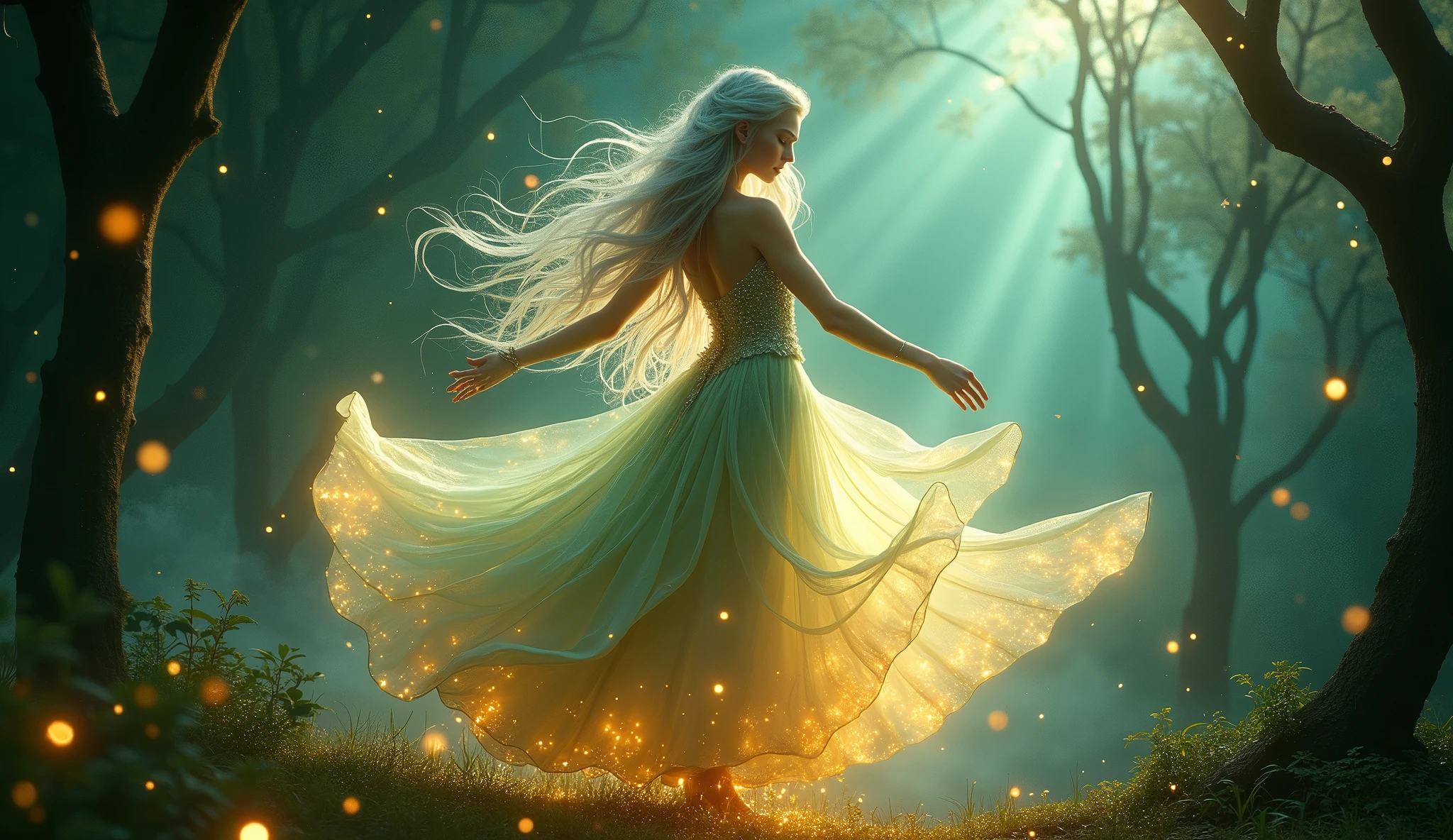 A stunning and elegant elven goddess with long silver hair and glowing ethereal eyes gracefully dances in an ancient, mystical forest under a sky filled with glowing stars. Her flowing gown shimmers with golden and emerald tones, while soft beams of moonlight highlight her delicate features. She moves with sensuality and mystery, creating an aura of eternal beauty, surrounded by swirling magical energy. Aim for realistic depiction, make sure photos are at highest resolution (8K)