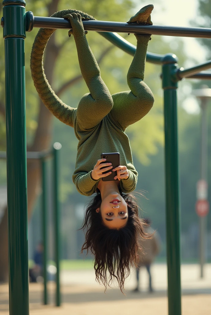 a young girl of 23 years, with lizard tail , headlong (upsidedown) (gripped, hanging with its tail in (park bars). playing (gaming) with phone in his hands.
