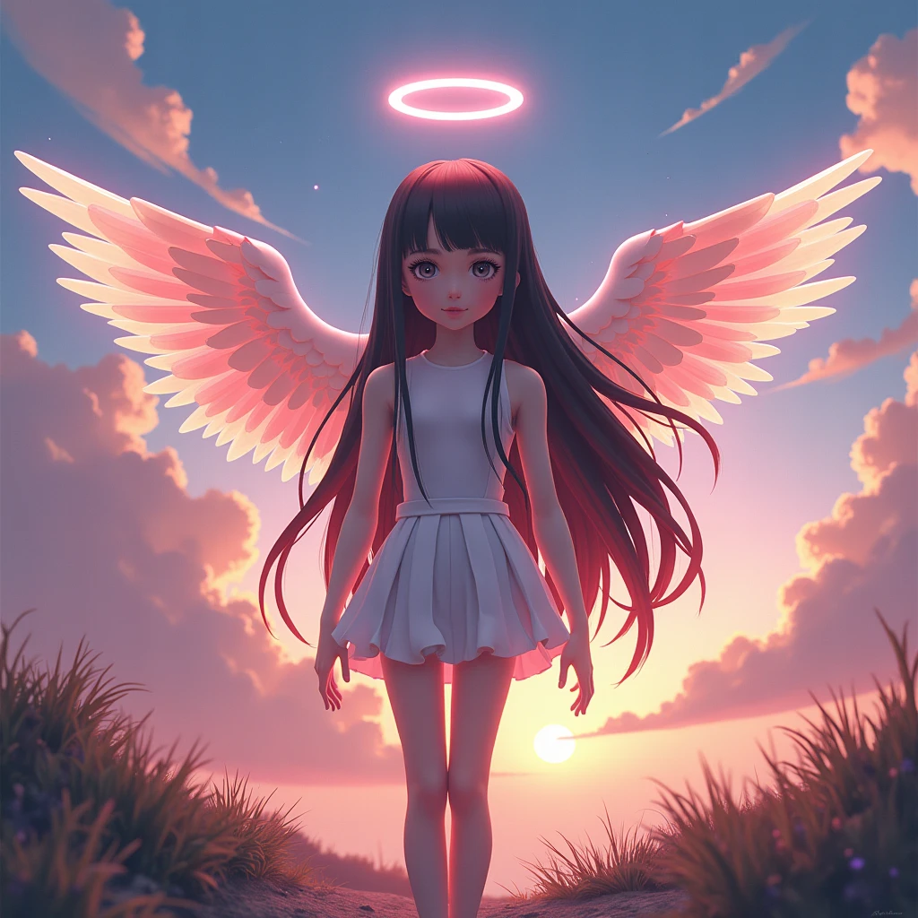 ((masterpiece, best quality, extremely detailed), volumetric lighting, ambient occlusion, colorful, glowing),
1girl, solo, light brown skin young girl, (black hair), long hair, halo, aura, sacred, godness, cyber suit with skirt, (blue outfit:1.3), android, bot, angel wings,
outdoors, sunset, sky, clouds, space, (cyberpunk theme:1.2),