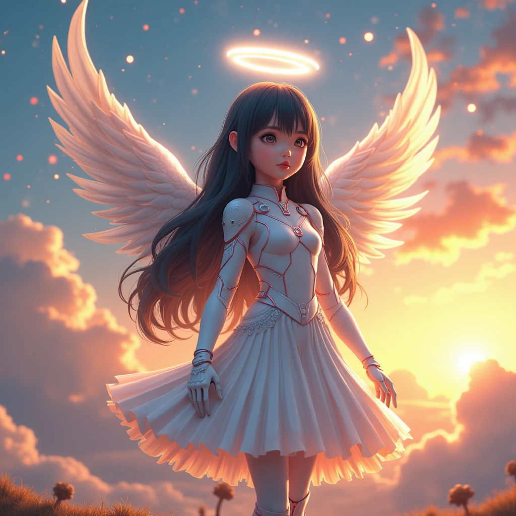 ((masterpiece, best quality, extremely detailed), volumetric lighting, ambient occlusion, colorful, glowing),
1girl, solo, light brown skin young girl, (black hair), long hair, halo, aura, sacred, godness, cyber suit with skirt, (blue outfit:1.3), android, bot, angel wings,
outdoors, sunset, sky, clouds, space, (cyberpunk theme:1.2),
