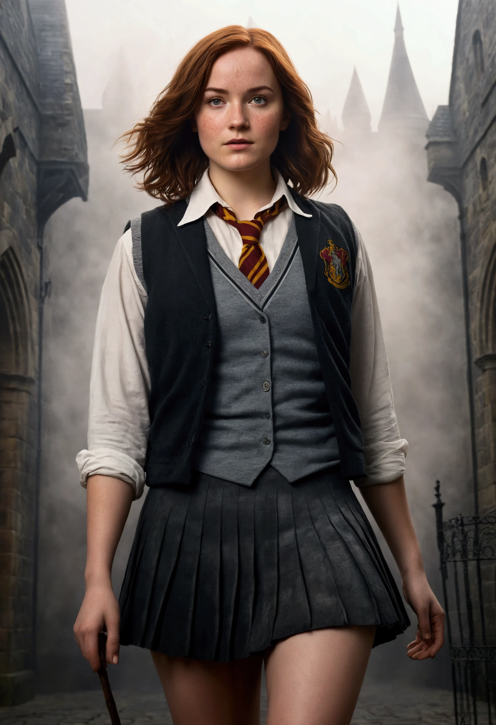 An illustrated movie poster, hand-drawn, full color, a female Hogwarts student, 1, wearing a charcoal vest and a pleated skirt, tall, toned, amazonian stature, athletic hourglass figure, full wide hips, massive round butt, long shapely legs, ridiculously thick powerful thighs, deep dark auburn hair, short shaggy bob cut, flushed sun-kissed complexion, freckles, resembles Genevieve O'Reilly, standing in a foggy Hogwarts courtyard, surrounded by mist, graphite shading, stencil marks, airbrushed acrylic paint, masterpiece, in the Deathly Hallows 