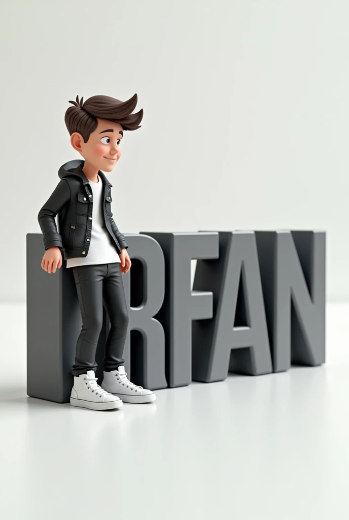 Create a 3D image letter"irfan" featuring an animated character at left side of "letter" position as looking down with a stylish look and fade haircut. The character should be dressed casually in modern attire like a denim balck jacket with white t-shirt and white sneakers. Ensure that the text is accurate and not Misspelled.