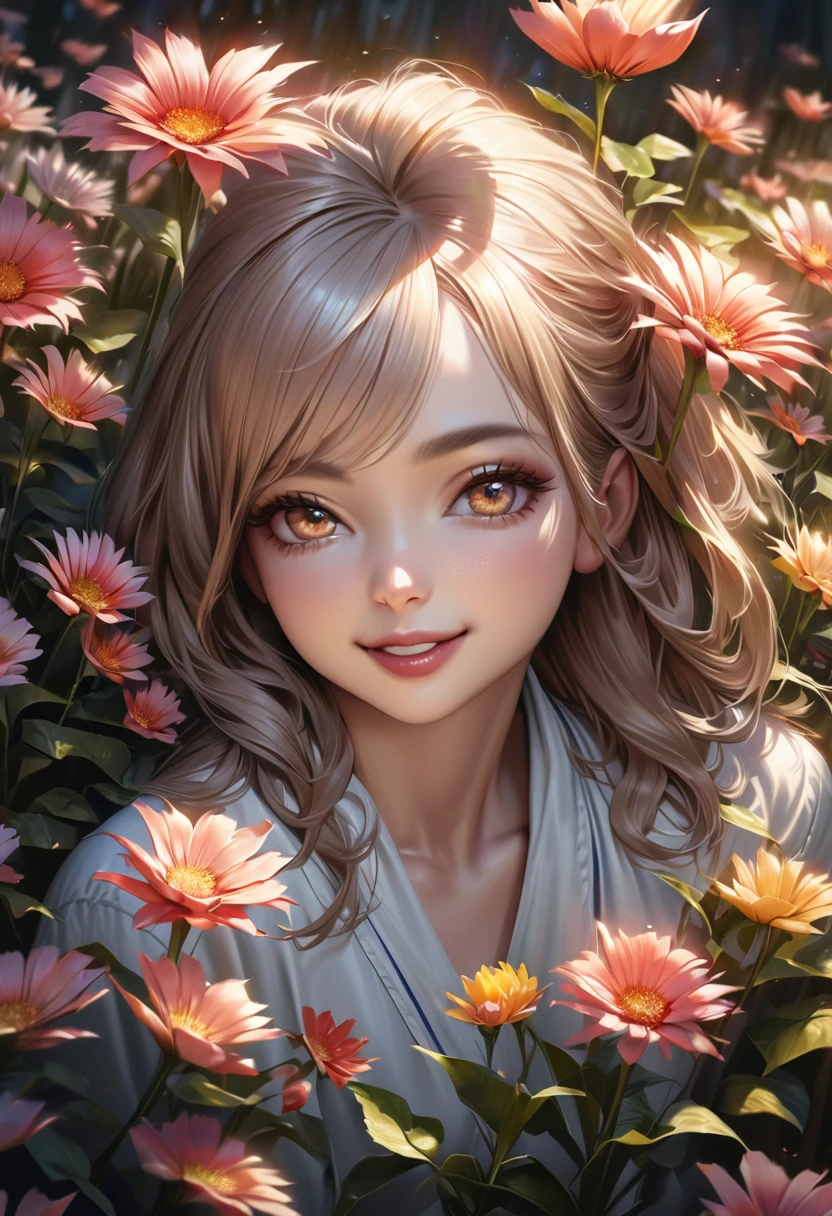 master piece,ultra-detailed,Realistic,16K,beautiful girl,behind fire flowers,brightly,cute smile