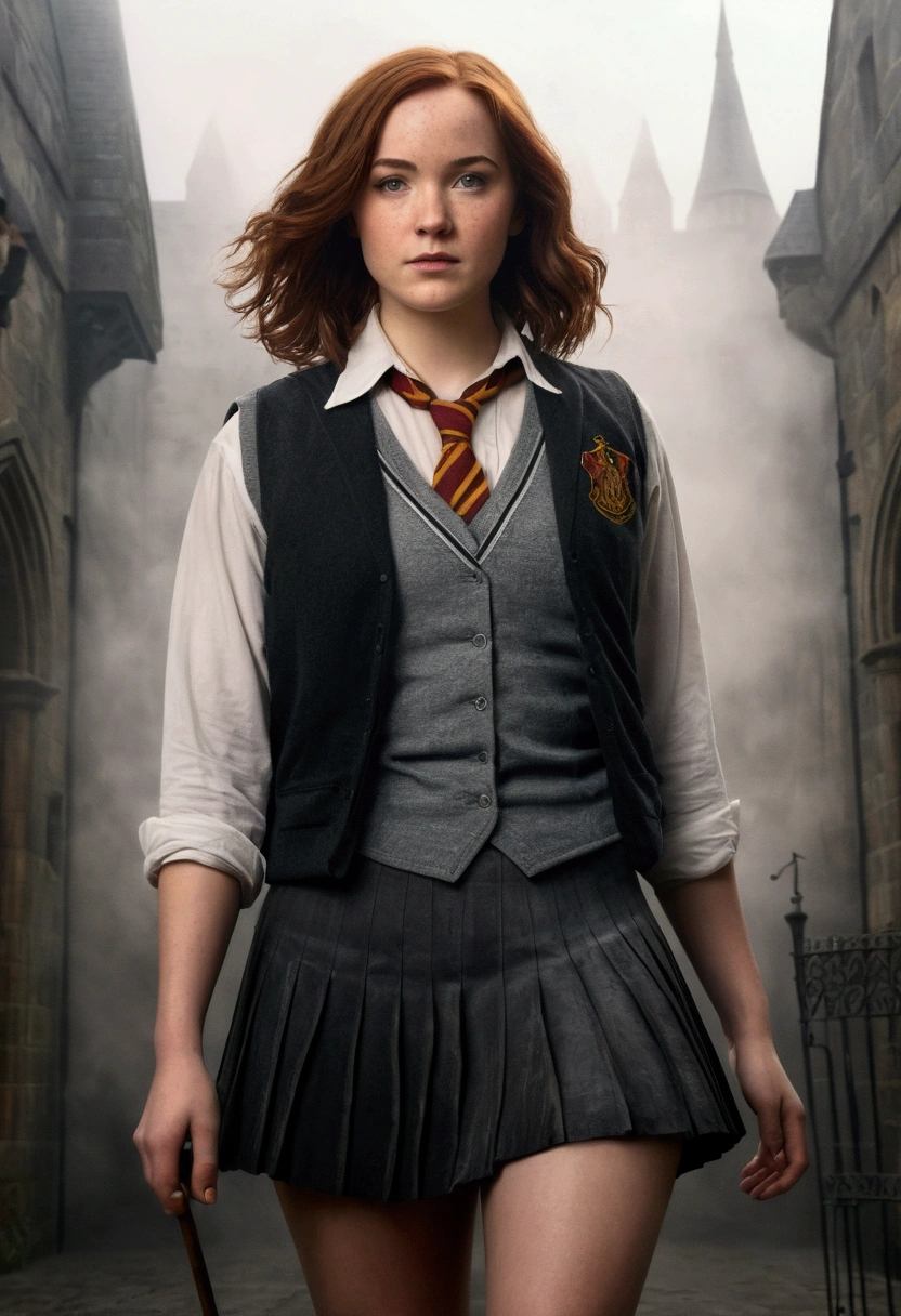 An illustrated movie poster, hand-drawn, full color, a female Hogwarts student, 1, wearing a charcoal vest and a pleated skirt, tall, toned, amazonian stature, athletic hourglass figure, full wide hips, massive round butt, long shapely legs, ridiculously thick powerful thighs, deep dark auburn hair, short shaggy bob cut, flushed sun-kissed complexion, freckles, resembles Genevieve O'Reilly, standing in a foggy Hogwarts courtyard, surrounded by mist, graphite shading, stencil marks, airbrushed acrylic paint, masterpiece, in the Deathly Hallows