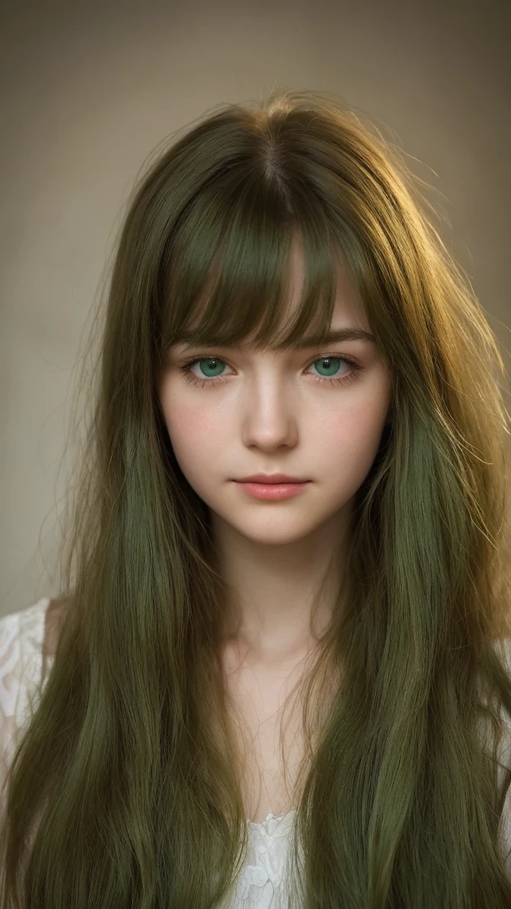 
a girl. European. Extremely detailed face. Oval face. Delicate facial features. Half-closed eyes. gentle. Long straight hair. Messy hair. Bangs. Green hair. Green eyes. Pensive. Melancholic. Ethereal. Innocent. smile
