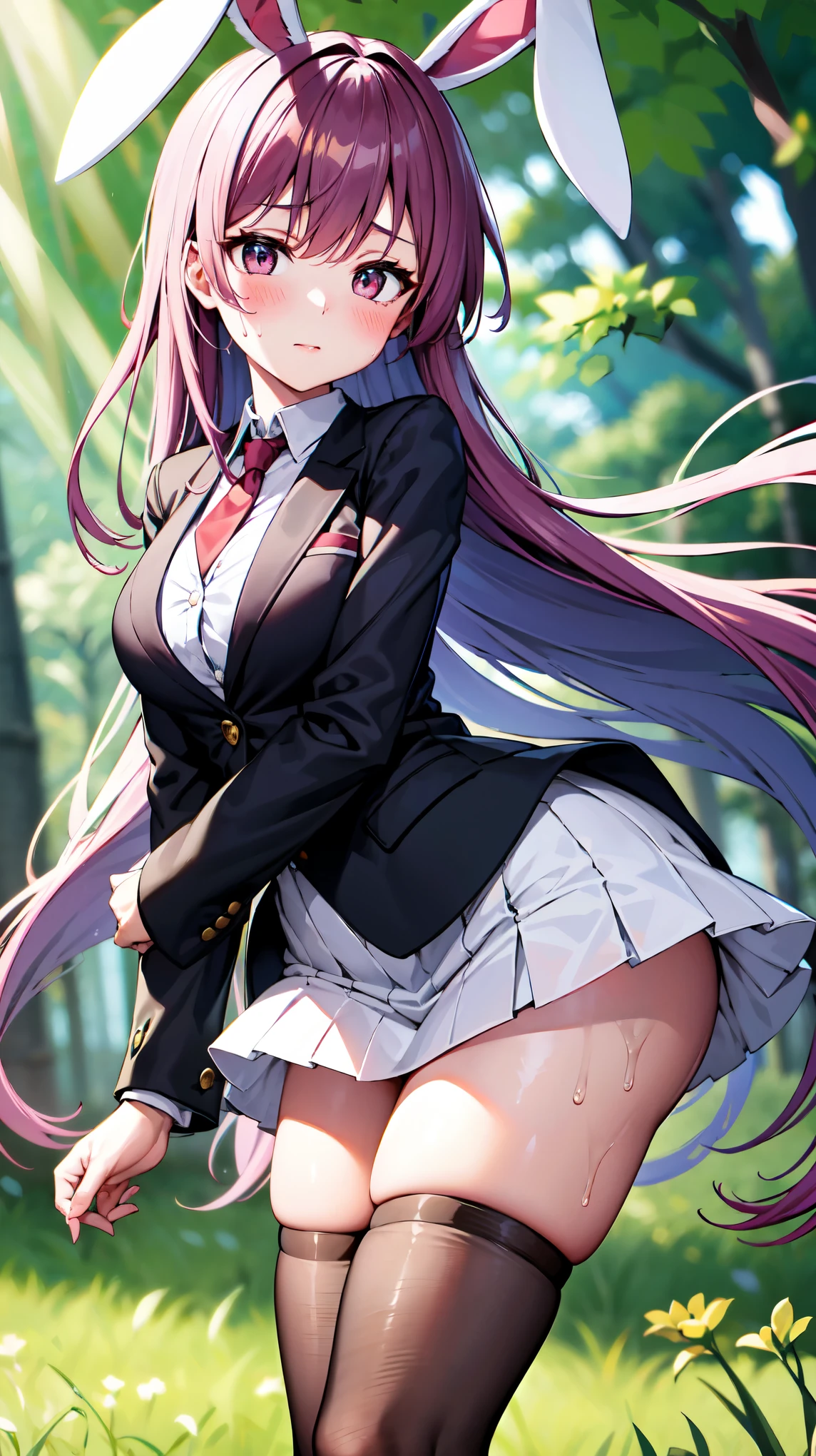 （（super high quality,Ultra-high resolution,16K,super masterpiece,Ultra HD,Ultra high definition,））One high school girl,White bunny ears,Very long straight purple hair,Slender body,Black blazer,All buttons are unbuttoned,White dress shirt,Long red tie,Pink mini skirt,White socks,blush,Looks at me so shyly,Leaning forward greatly,Hands tucked between the crotches,Sweaty,Bamboo forest in the morning sun,A strong wind is blowing,The wind messes up my hair and skirt,