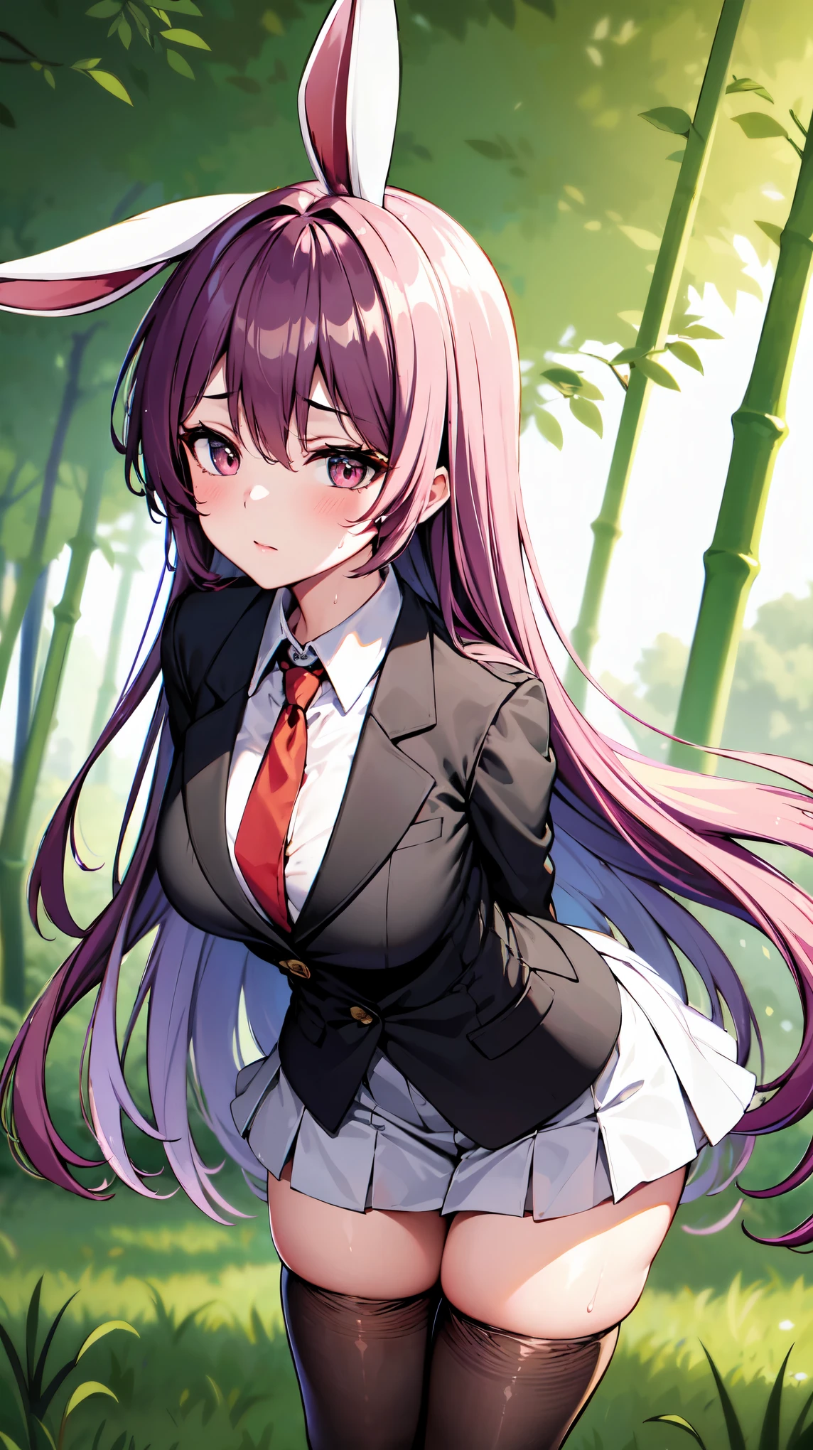 （（super high quality,Ultra-high resolution,16K,super masterpiece,Ultra HD,Ultra high definition,））One high school girl,White bunny ears,Very long straight purple hair,Slender body,Black blazer,All buttons are unbuttoned,White dress shirt,Long red tie,Pink mini skirt,White socks,blush,Looks at me so shyly,Leaning forward greatly,Hands tucked between the crotches,Sweaty,Bamboo forest in the morning sun,A strong wind is blowing,The wind messes up my hair and skirt,