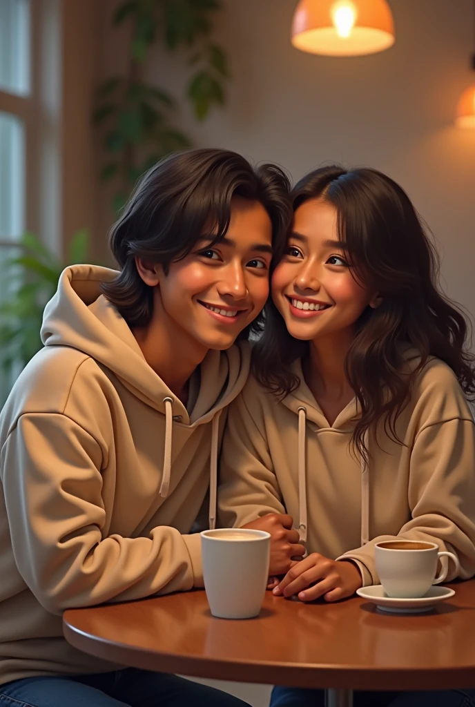 A 2 indian boy with medium long hair wearing hoodie and seating with his 2 beautiful indian girlfriend who's wearing same hoodie and both are seeting on a table with their coffee and taking photo