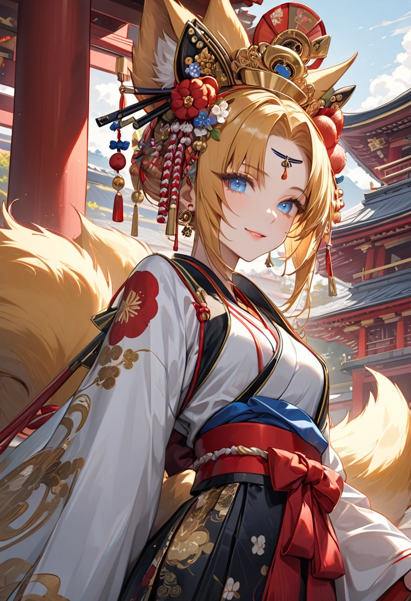 Ink painting, (((1 girl))), (((Tattoo in the middle of the forehead))),(((In the background is the Akatsuki moon))), (((Oiran))), (((Great hair accessories))), Demon possession, ((Masterpiece:1.2)), ((Highest quality)), Extremely detailed and delicate illustration style, Detailed leather texture, Detailed canvas texture, Very detailed description, (Masterpiece T), Extremely beautiful illustration, Highly detailed face, Raw image, professional, Ultra-high resolution panel, Complex details, Superior detail, Intricate decoration details, Perfect anatomy, real, (Very beautiful and cute golden fox woman or girl with blue eyes wearing a kimono), ((Beautiful golden fox ears)), (Beautiful golden fox tail), (Beautiful shiny golden hair), (Beautiful and clear blue eyes), (Beautiful detailed eyes:1.6), ((Japanese temple priestess style: 1.7)), (Traditional tailored outfit), Front view, White flower kimono, Long red hakama skirt, A maxi skirt, Modestly dressed, He smiles, ((Standing and looking at me)), ((The day)), (Extremely detailed and beautiful Japanese temple construction), (8K Highest quality wallpaper), (Extremely detailed and delicate background)