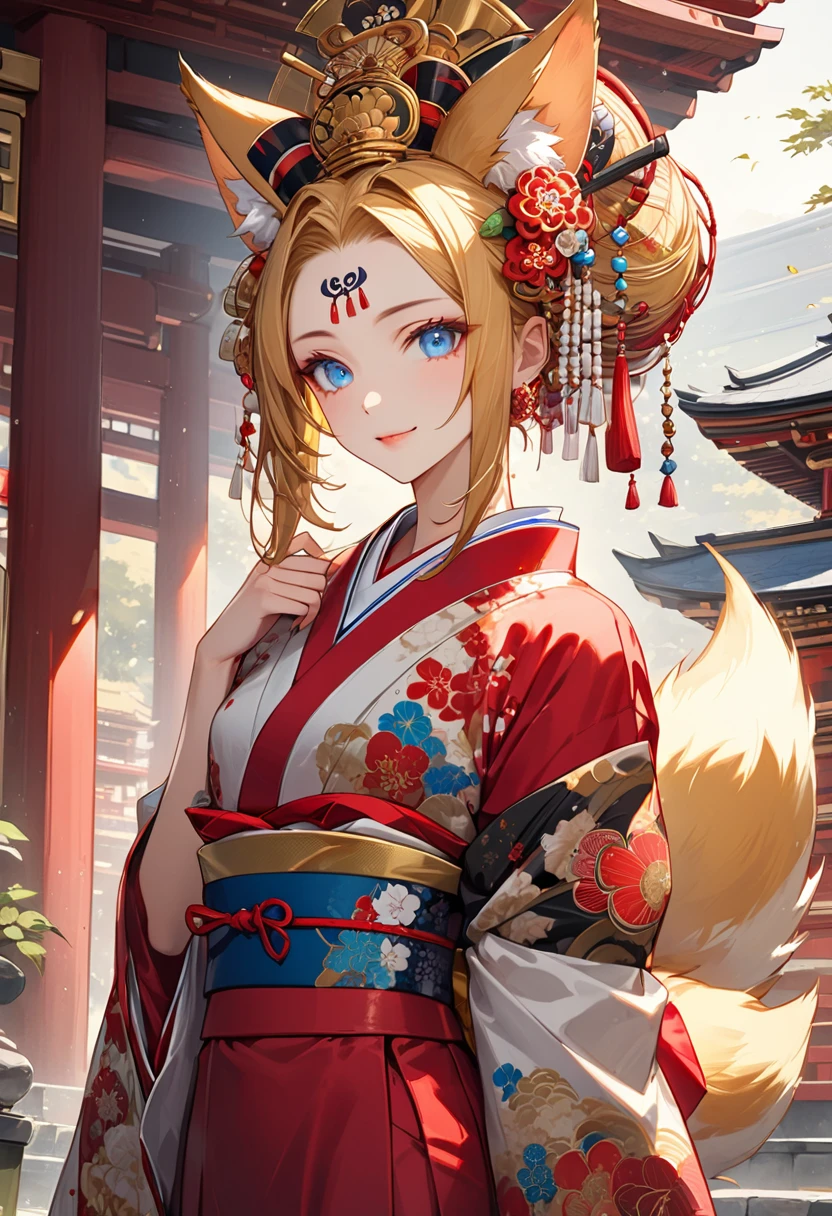 Ink painting, (((1 girl))), (((Tattoo in the middle of the forehead))),(((In the background is the Akatsuki moon))), (((Oiran))), (((Great hair accessories))), Demon possession, ((Masterpiece:1.2)), ((Highest quality)), Extremely detailed and delicate illustration style, Detailed leather texture, Detailed canvas texture, Very detailed description, (Masterpiece T), Extremely beautiful illustration, Highly detailed face, Raw image, professional, Ultra-high resolution panel, Complex details, Superior detail, Intricate decoration details, Perfect anatomy, real, (Very beautiful and cute golden fox woman or girl with blue eyes wearing a kimono), ((Beautiful golden fox ears)), (Beautiful golden fox tail), (Beautiful shiny golden hair), (Beautiful and clear blue eyes), (Beautiful detailed eyes:1.6), ((Japanese temple priestess style: 1.7)), (Traditional tailored outfit), Front view, White flower kimono, Long red hakama skirt, A maxi skirt, Modestly dressed, He smiles, ((Standing and looking at me)), ((The day)), (Extremely detailed and beautiful Japanese temple construction), (8K Highest quality wallpaper), (Extremely detailed and delicate background)