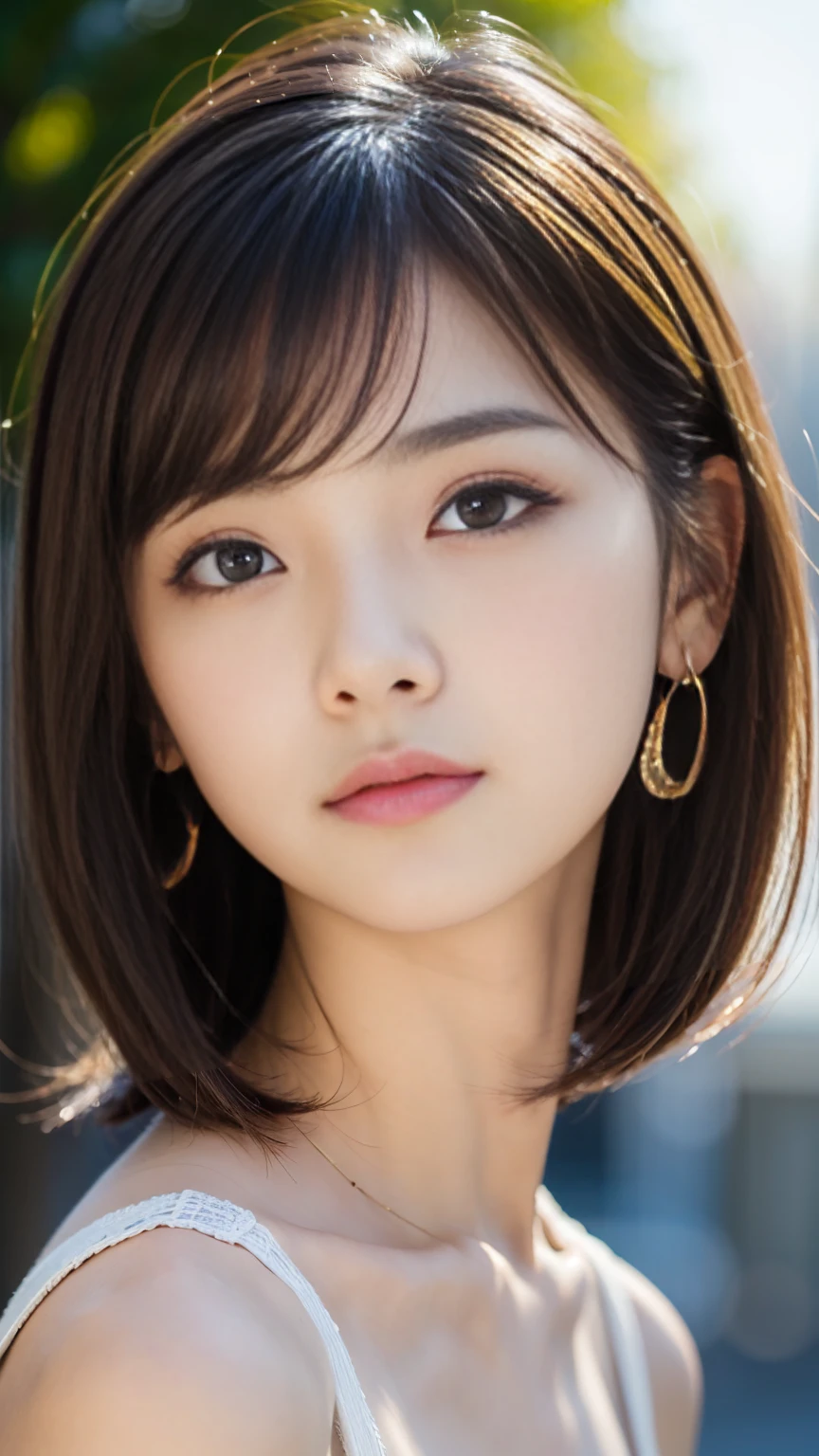 (masterpiece:1.1),(Photorealistic:1.3),(Highest quality:1.2),Highest quality,(Ultra high definition:1.2),RAW Photos,Tabletop,Very cute Japanese girl,Amazingly cute face,Ultra-detailed face,Detailed eyes,Beautiful Eyes,Long eyelashes,double eyelid,Perfect balance,Mid-chest,looking at the camera,Textured skin,Beautiful Skin,Earrings,Natural Lip,light makeup,Very Short Bob,(cachecoeur knit)