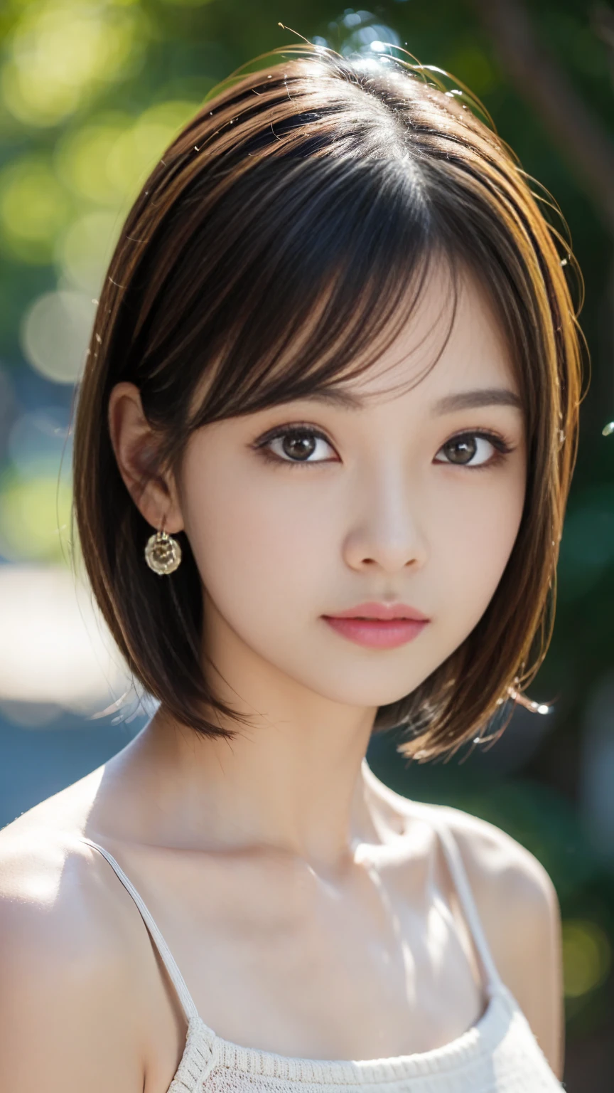 (masterpiece:1.1),(Photorealistic:1.3),(Highest quality:1.2),Highest quality,(Ultra high definition:1.2),RAW Photos,Tabletop,Very cute Japanese girl,Amazingly cute face,Ultra-detailed face,Detailed eyes,Beautiful Eyes,Long eyelashes,double eyelid,Perfect balance,Mid-chest,looking at the camera,Textured skin,Beautiful Skin,Earrings,Natural Lip,light makeup,Very Short Bob,(cachecoeur knit)