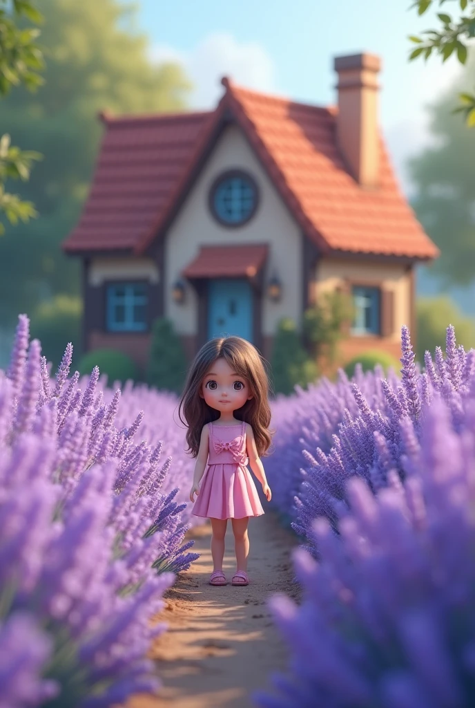 A picture of lavendar garden in front of a small beautiful house and a young pretty girl is enjoying the smell of the lavenders
Image Length 14cm, Height 10.4cm
