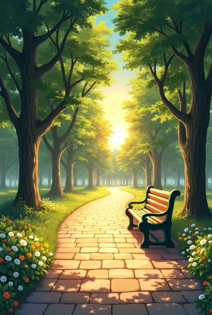 An anime-style scene of a serene, sunlit path winding through a lush, green park at golden hour. The path is paved with cobblestones, glowing warmly under the fading light of the setting sun. Tall, majestic trees line both sides of the path, their leaves casting soft shadows. Vibrant flowers bloom along the edges, adding pops of color to the scene. A simple wooden bench sits empty, inviting tranquility. The entire atmosphere exudes peace and calm, with a gentle, dreamy anime aesthetic, capturing the essence of a quiet, picturesque evening walk."