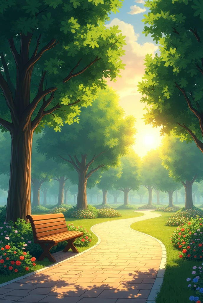 An anime-style scene of a serene, sunlit path winding through a lush, green park at golden hour. The path is paved with cobblestones, glowing warmly under the fading light of the setting sun. Tall, majestic trees line both sides of the path, their leaves casting soft shadows. Vibrant flowers bloom along the edges, adding pops of color to the scene. A simple wooden bench sits empty, inviting tranquility. The entire atmosphere exudes peace and calm, with a gentle, dreamy anime aesthetic, capturing the essence of a quiet, picturesque evening walk."