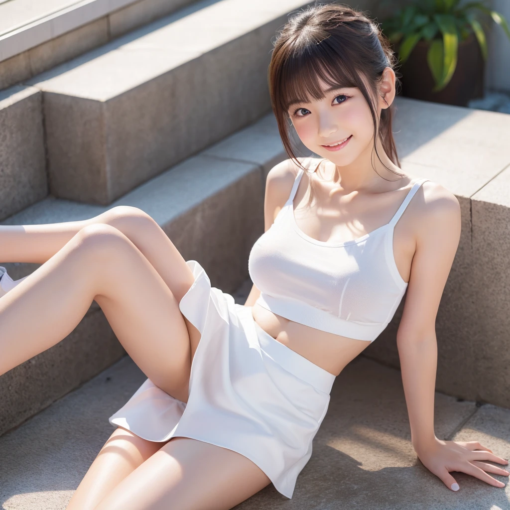 Japanese idol magazine model、Sitting wearing a white miniskirt and a white tube top Her skirt is flipped up, Her panties are visible, And her legs are open、Showing the wet crotch of the panties、The unevenness of the nipples on the back of the sleeveless top is also expressed..、High resolution, masterpiece, Accurate, Anatomically correct, number々Awards for, 最高quality, Attention to detail, High resolutionモデル, 高quality, quality, Very detailed, Textured skin, 超High resolution, Shortcuts, smile, Valletta, 8k octane, 3D Rendering,