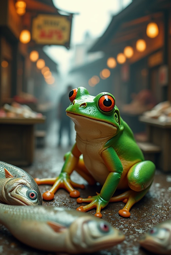 Retro Images,Storytelling,Tree frog,Ultra-realistic,high resolution,I work at the fish market