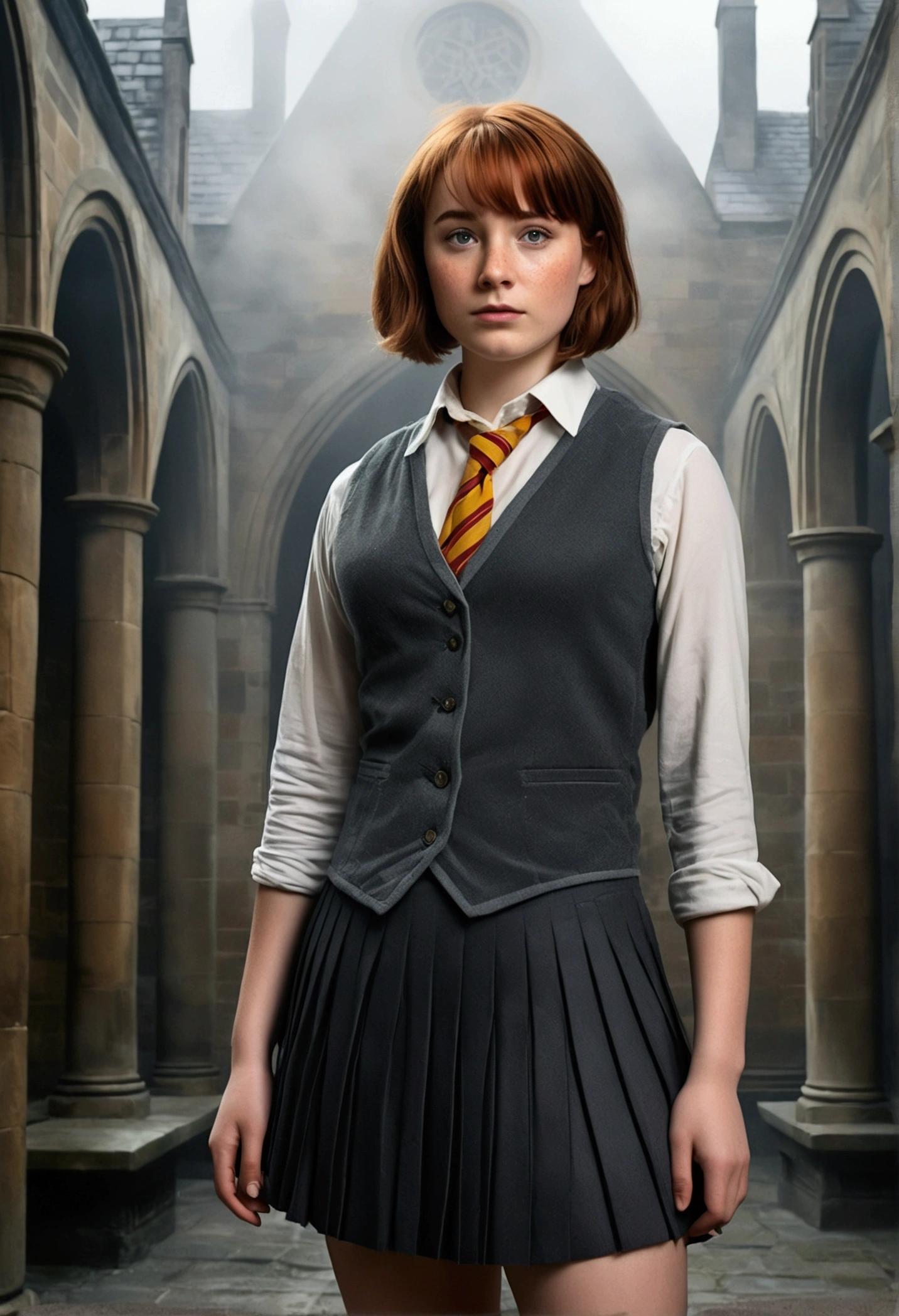 An illustrated movie poster, hand-drawn, full color, a female Hogwarts student, 1, wearing a charcoal vest and a pleated skirt, toned, amazonian stature, athletic hourglass figure, full wide hips, massive round butt, long shapely legs, ridiculously thick powerful thighs, deep dark auburn hair, short shaggy bob cut, flushed sun-kissed complexion, freckles, resembles Genevieve O'Reilly, standing in a foggy Hogwarts courtyard, surrounded by mist, graphite shading, stencil marks, airbrushed acrylic paint, masterpiece, in the Deathly Hallows 
