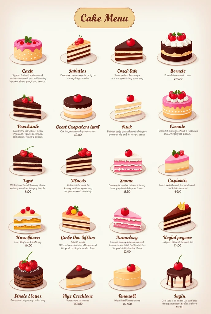 Create a cake menu with different types of cake 
