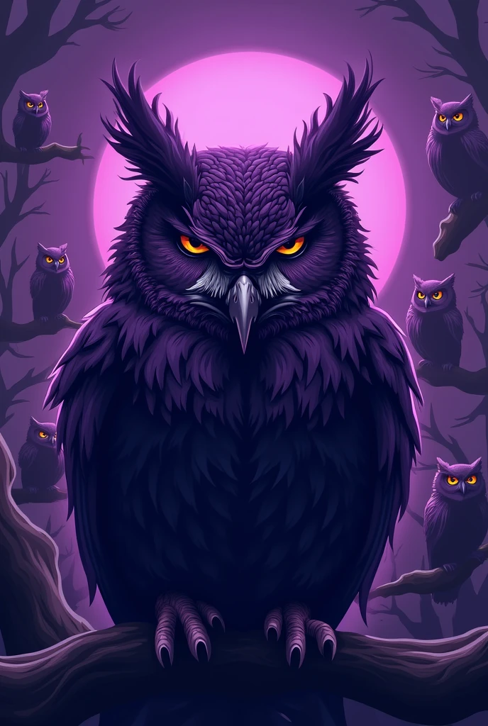 I WANT TO CREATE A LOGO WITH A BIG PURPLE OWL AS A MALE WITH S2G ON THE TOP AND OWLS IN THE BACKGROUND 