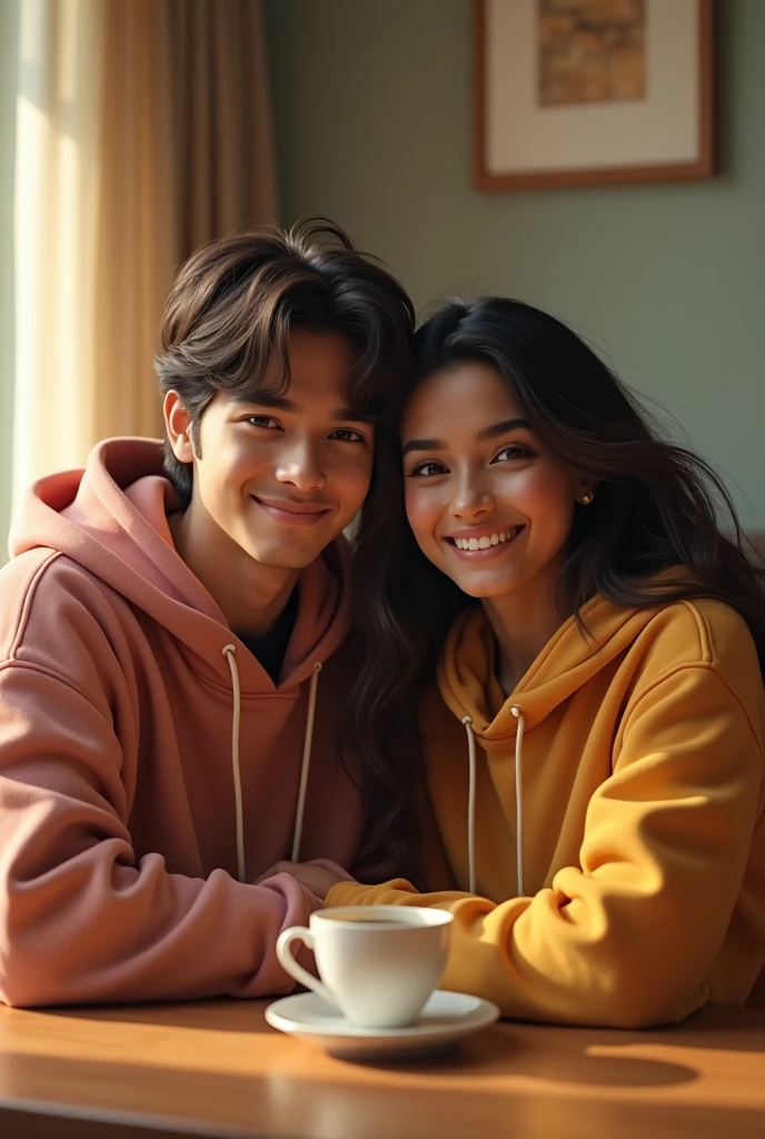 A 2 indian boy with medium long hair wearing hoodie and seating with his 2 beautiful indian girlfriend who's wearing same hoodie and both are seeting on a table with their coffee and taking photo