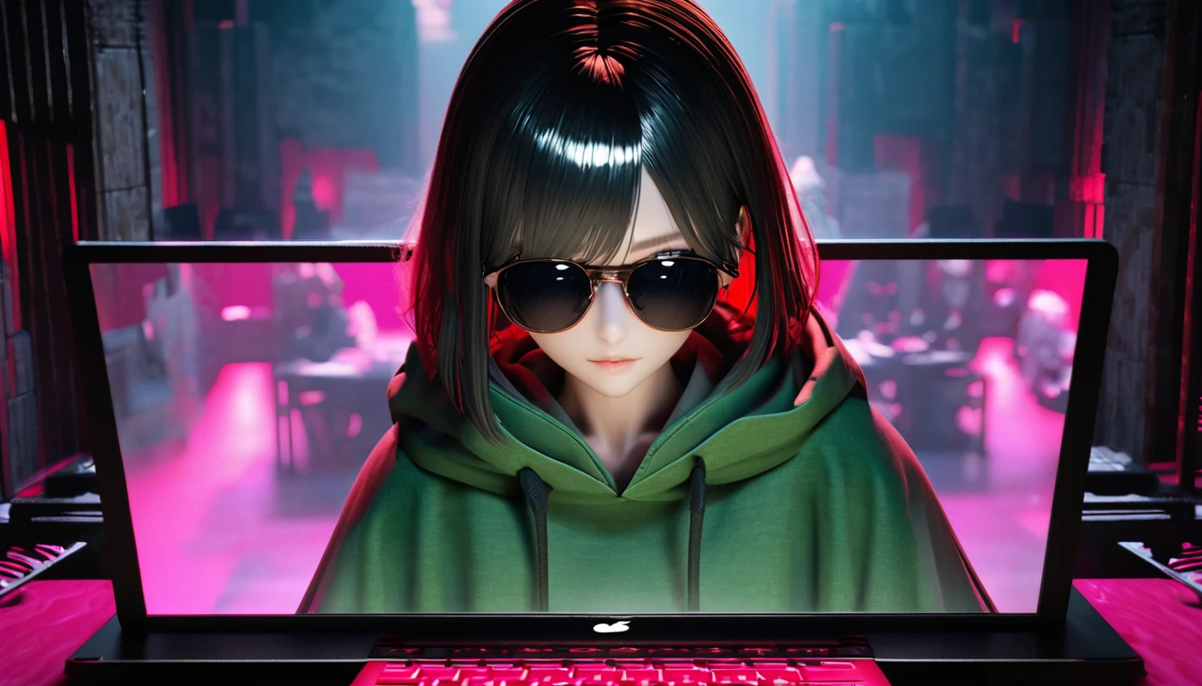 A stunning render illustration of a young, confident woman exuding intelligence, a green hoodie wearing a black sunglasses . he is sitting behind his MacBook in his office, . It is night. The room has volumetric red lighting. He is front facing to the camera, looking straight and centered, central portrait, sitting straight, front view, centered looking straight.. he has stylish hair. and he wear a black sunglasses which cover her eyes .cascading down her shoulders. The cozy, intimate background showcases a gaming lover, including a prominent fortress or castle. This vibrant space is a reflection of her unique personality and interests, creating an inviting atmosphere., 3d render, illustration