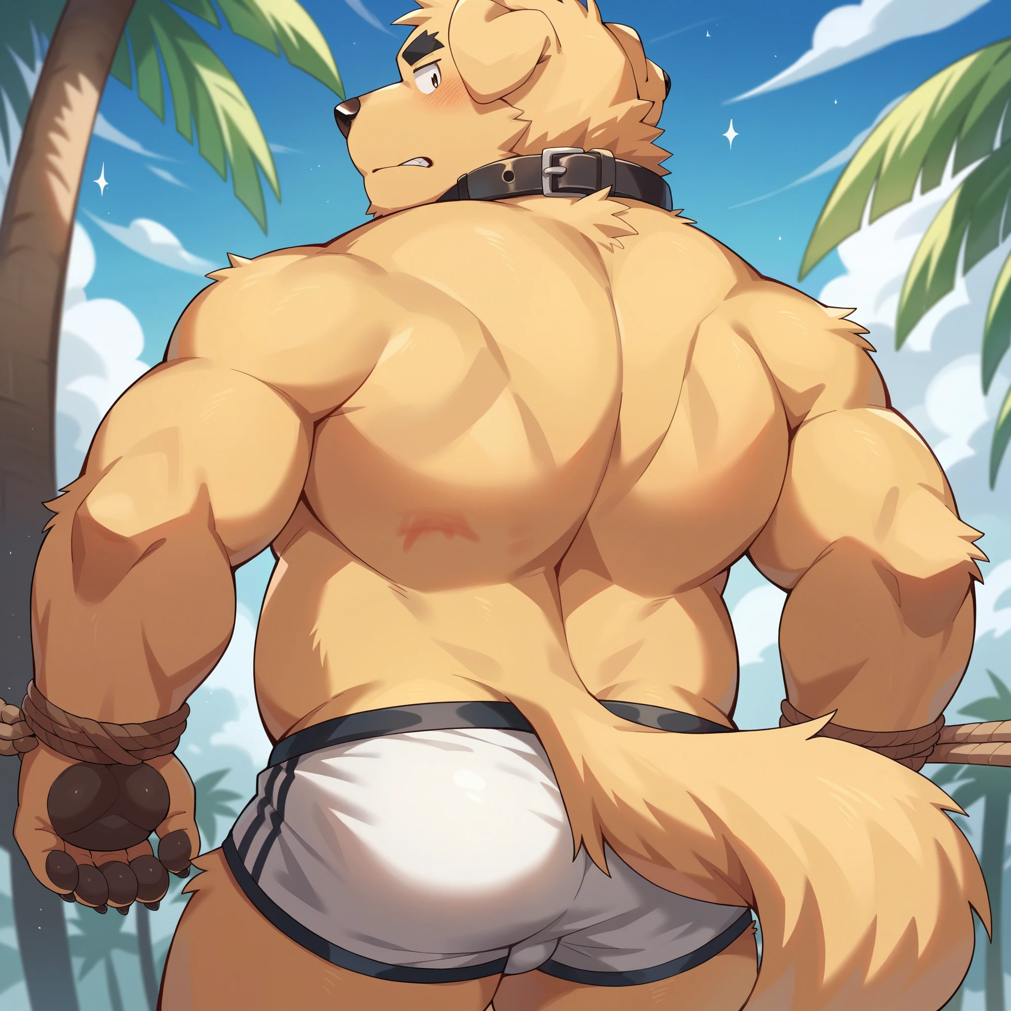 Scribble Golden Retriever face,Humanity(Golden Retriever),(Topless:1.3),Chubby,(Black eyebrows:1.1),(Perfect eyes),Golden fur,(artist:Takemoto Arashi),In the basement,(White Fun Underwear:1.3),paw,(black beard:1.3),(Collar:1.3),(Hip bulge:1.3),(Tied up with rope:1.3),(Being spanked:1.4),Back view