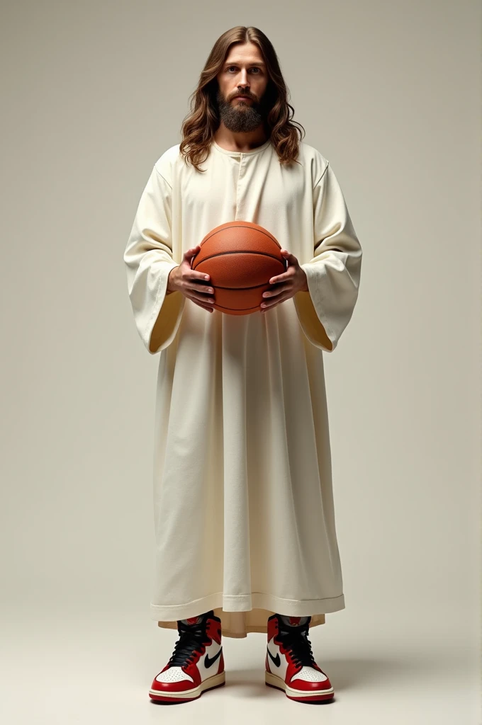 Jesus wearing a Jordan 1 and holding a basketball 