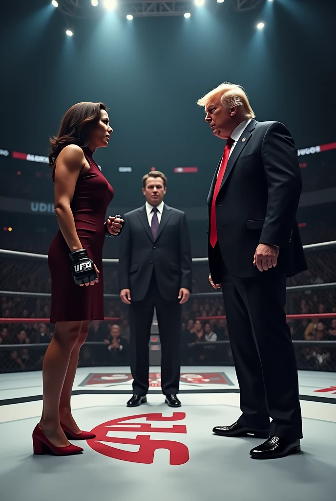 Crie uma luta em um ring de UFC entre kamala Harris vs Donald Trump e bote Elon musk como o juiz da luta