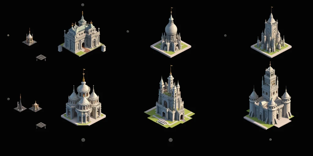 a close up of a bunch of different buildings with a clock on top, detailed buildings, small buildings, Castles and temple details, isometric palace, ancient buildings, prerendered isometric graphics, buildings, game assets, isometric game feature, large temples, Isometric views, temple background, isometric game art, intricately detailed buildings, 3D Renderings