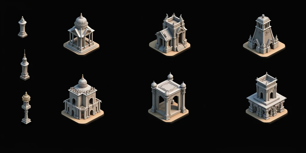 a close up of a bunch of different buildings with a clock on top, detailed buildings, small buildings, Castles and temple details, isometric palace, ancient buildings, prerendered isometric graphics, buildings, game assets, isometric game feature, large temples, Isometric views, temple background, isometric game art, intricately detailed buildings, 3D Renderings