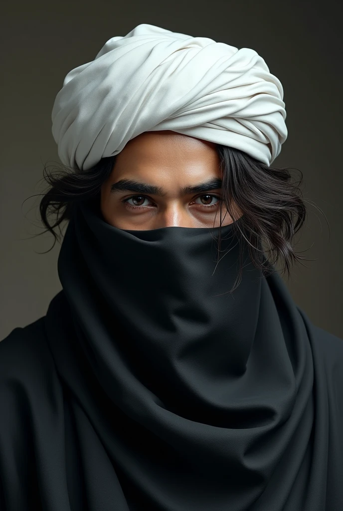 (photorealism:1.2), A man in his twenties. He has a white Islamic turban on his head. wearing brown Islamic robe. wearing a black veil covering her face. her hair is messy and long. Face beautiful and handsome realistic animation drawing.