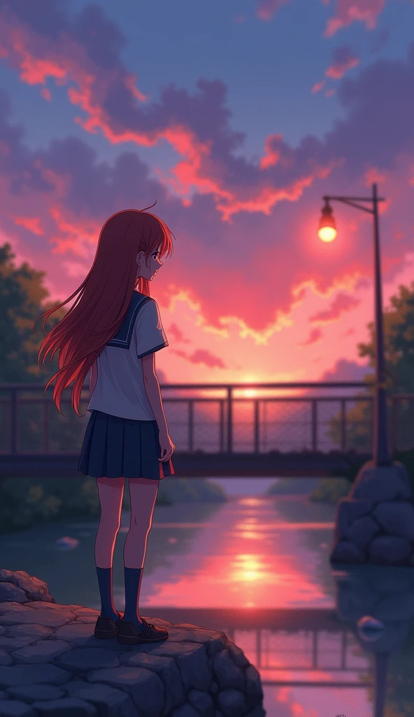 A teenage girl with long red hair, dressed in a school uniform, stands on a bridge at dusk. Her face shows a mix of nervousness and anticipation as she looks down at the river below, the sky behind her painted in hues of pink and purple. The bridge lights begin to flicker on, adding a warm glow to the scene. [Anime style, inspired by 90's romance series], [Soft, warm lighting, vibrant evening colors, focus on the girl and river, shallow depth of field, blurred background, emotional tension]