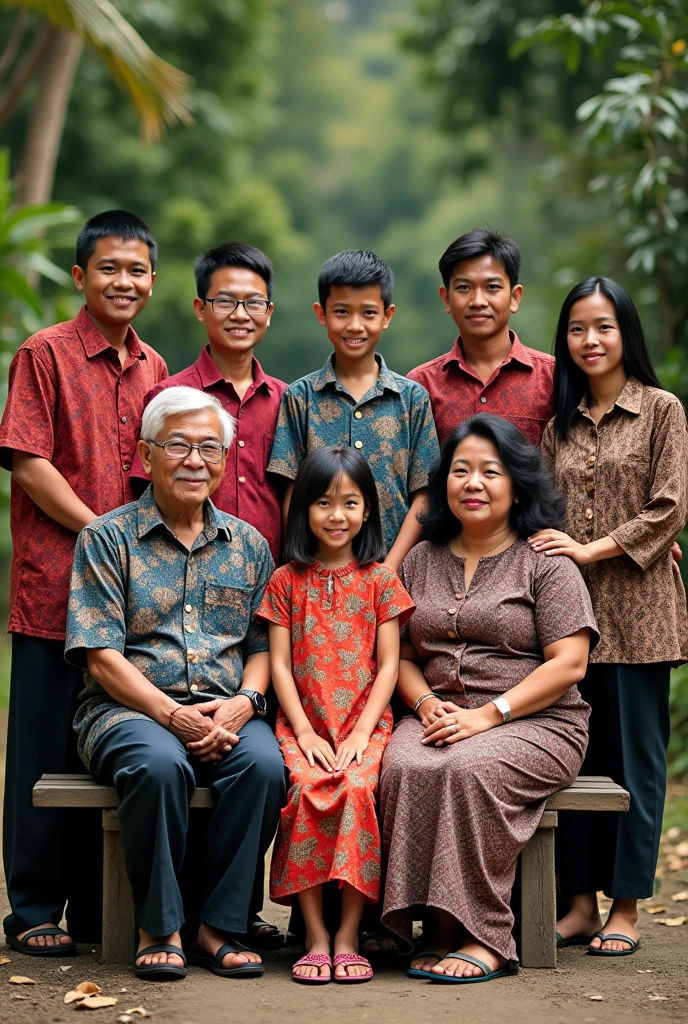 Family photo of 11 native Indonesians, wearing the same batik uniform, consisting of: - 60 year old man and woman, black hair, sitting on a bench - 3 men and 3 women aged 30 years, standing behind - 2 boys aged 12 years, standing behind the bench - 1 girl aged 7 years, sitting on a bench in the middle