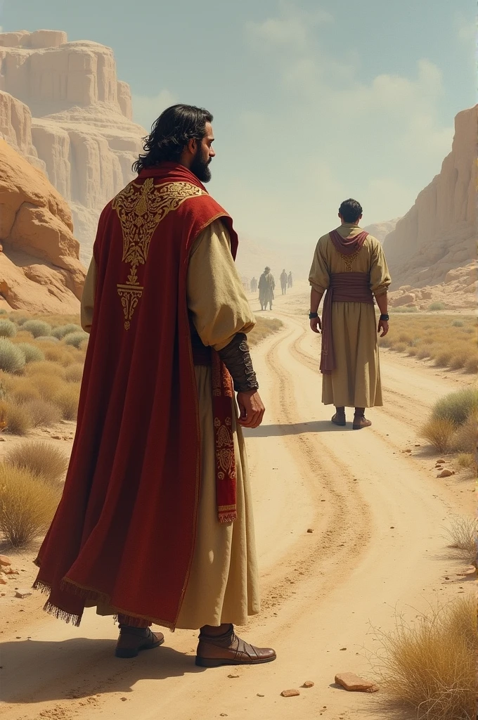 The Levite Passes By**
"A Levite, dressed in ceremonial garments, glancing at the wounded man with a troubled expression but ultimately choosing to pass by on the other side of the road. The scene is similar to the priest passing, with a feeling of neglect and indifference."