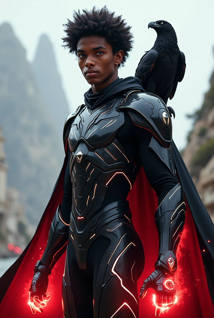 Create an image of a young, soft dark-skinned man, Futuristic Portugal black armor with white details, with a black cape and a look and short afro hair and blue eyes using red energy, A black eagle stands on his shoulder