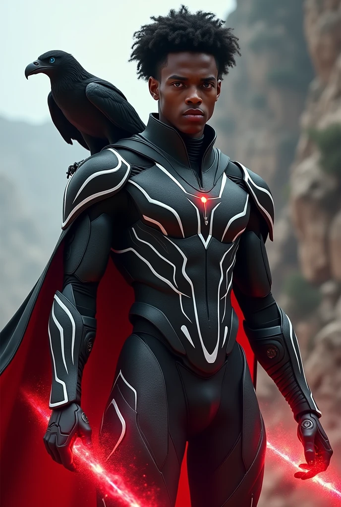 Create an image of a young, soft dark-skinned man, Futuristic Portugal black armor with white details, with a black cape and a look and short afro hair and blue eyes using red energy, A black eagle stands on his shoulder