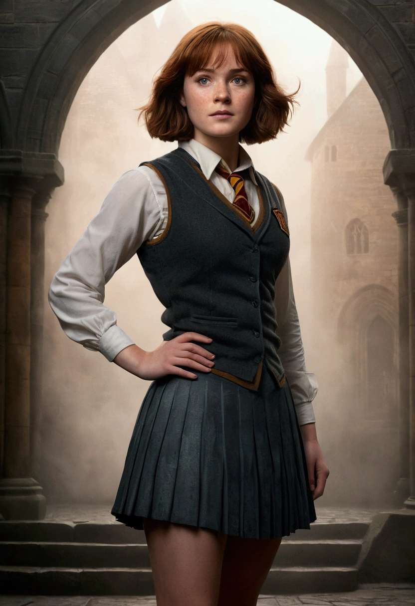 An illustrated movie poster, hand-drawn, full color, a female Hogwarts student, 1, wearing a charcoal vest and a pleated skirt, toned, amazonian stature, athletic hourglass figure, full wide hips, massive round butt, long shapely legs, ridiculously thick powerful thighs, deep dark auburn hair, short shaggy bob cut, flushed sun-kissed complexion, freckles, resembles Genevieve O'Reilly, standing in a foggy Hogwarts courtyard, surrounded by mist, graphite shading, stencil marks, airbrushed acrylic paint, masterpiece, in the Deathly Hallows