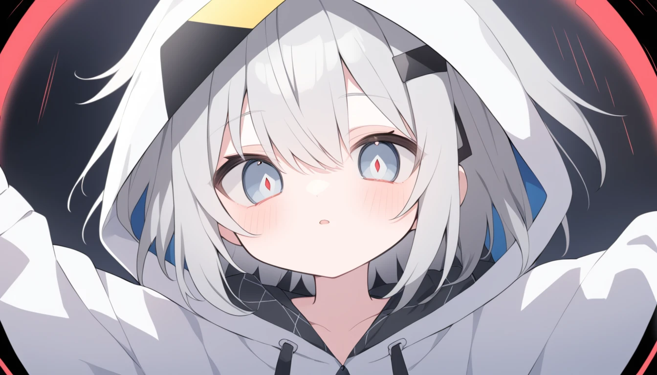 Thin gray hair A red light in one blue eye Widely opened eyes looking at the camera White hoodie Blue and black line pattern White hoodie with black and blue lines Diamond-shaped hair ornament Black hairpin A yellow triangle on the bottom of the hair accessory Jagged black hole on the outside of the hood Black triangle on the hood2t 20age